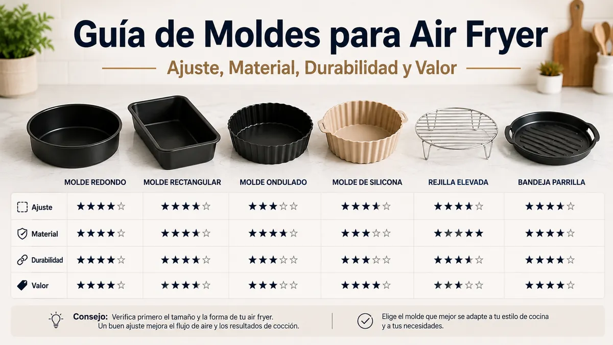 Opciones de moldes para freidora de aire comparadas por ajuste, material, durabilidad y valor.