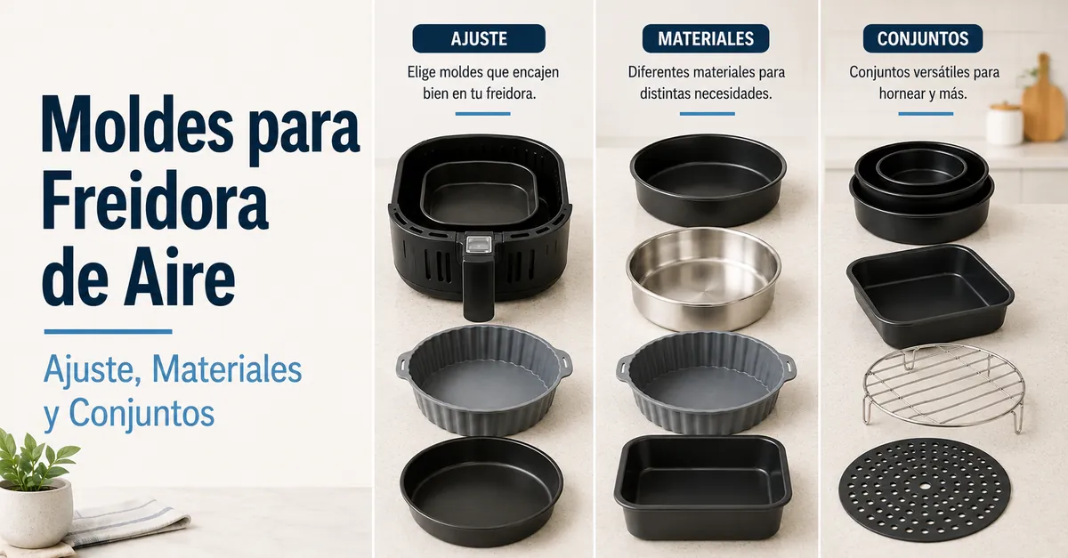 Varios moldes y accesorios para freidora de aire, con bandejas y piezas de repostería.
