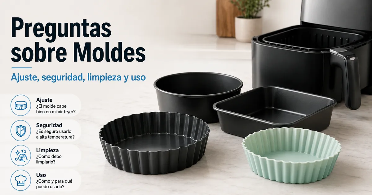Preguntas sobre moldes para freidora de aire con señales de ajuste, seguridad, limpieza y uso.