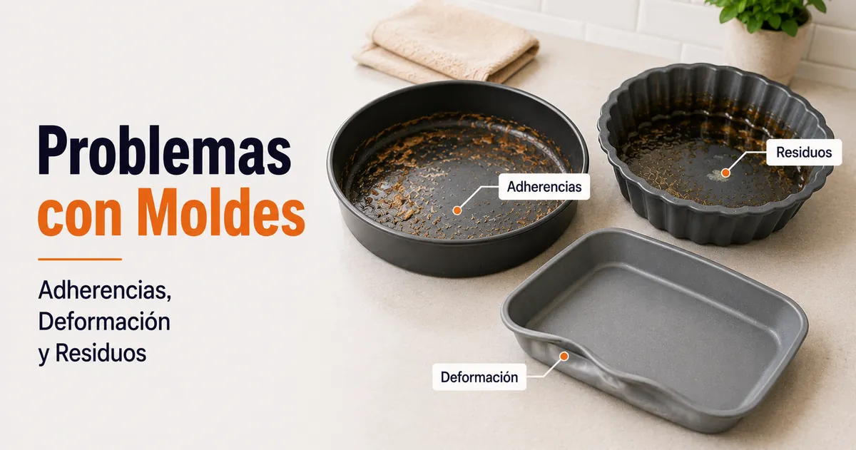 Moldes para freidora de aire con adherencias, deformación y residuos visibles.