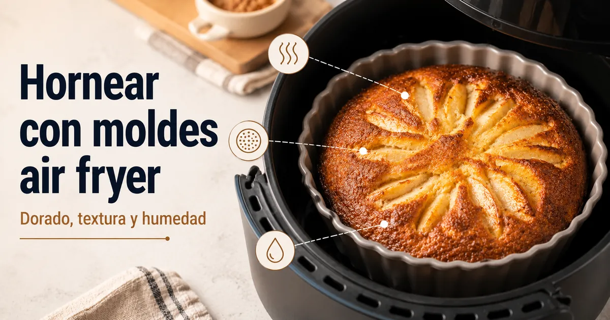 Alimento horneado en un molde para freidora de aire con dorado, textura y humedad visibles.