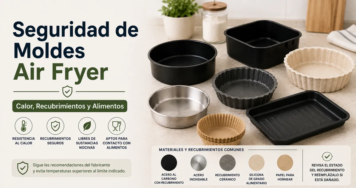 Materiales resistentes al calor y piezas recubiertas para hornear en freidora de aire sobre una encimera.
