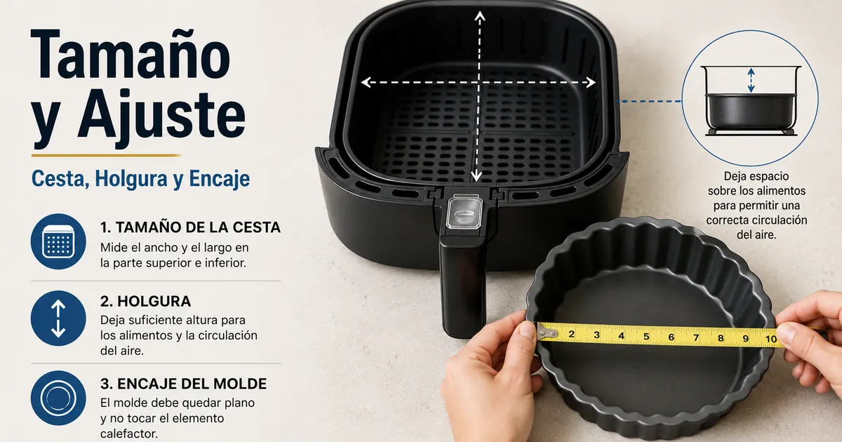 Molde para freidora de aire medido para revisar tamaño, holgura y encaje en la cesta.