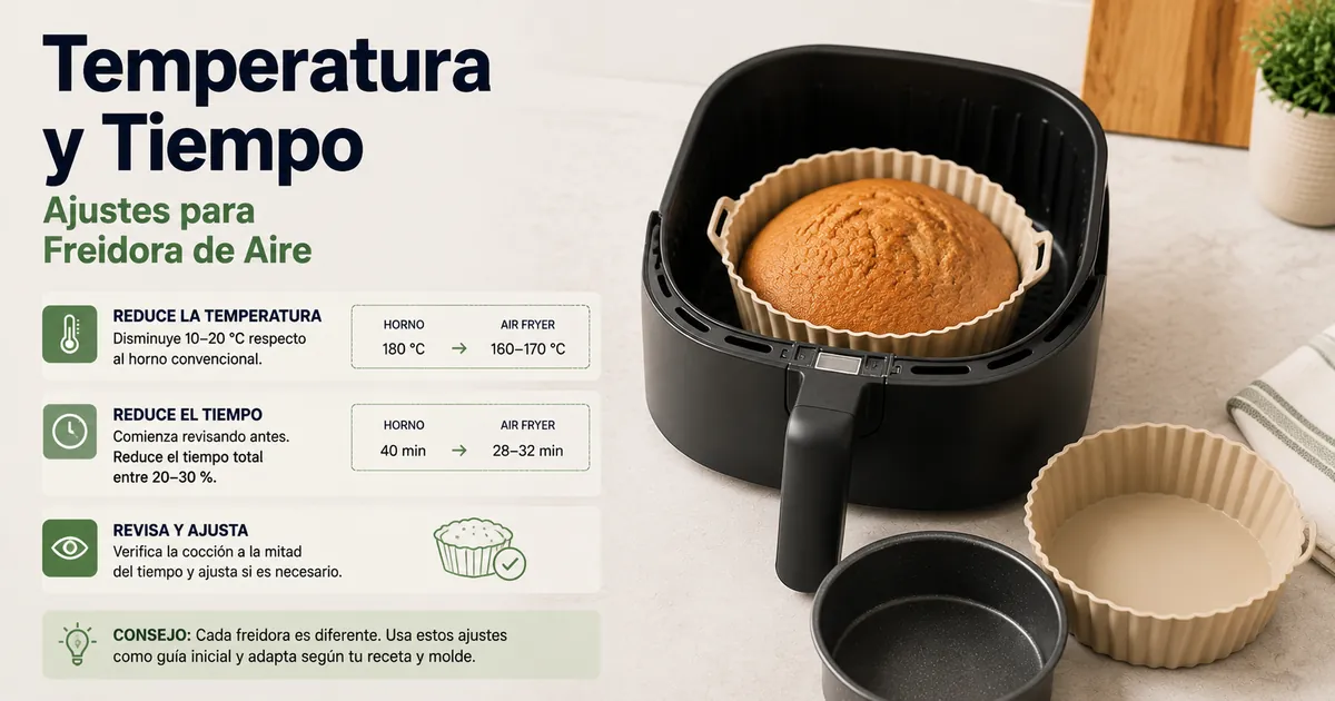 Moldes para freidora de aire con notas sobre ajustes de tiempo y temperatura.