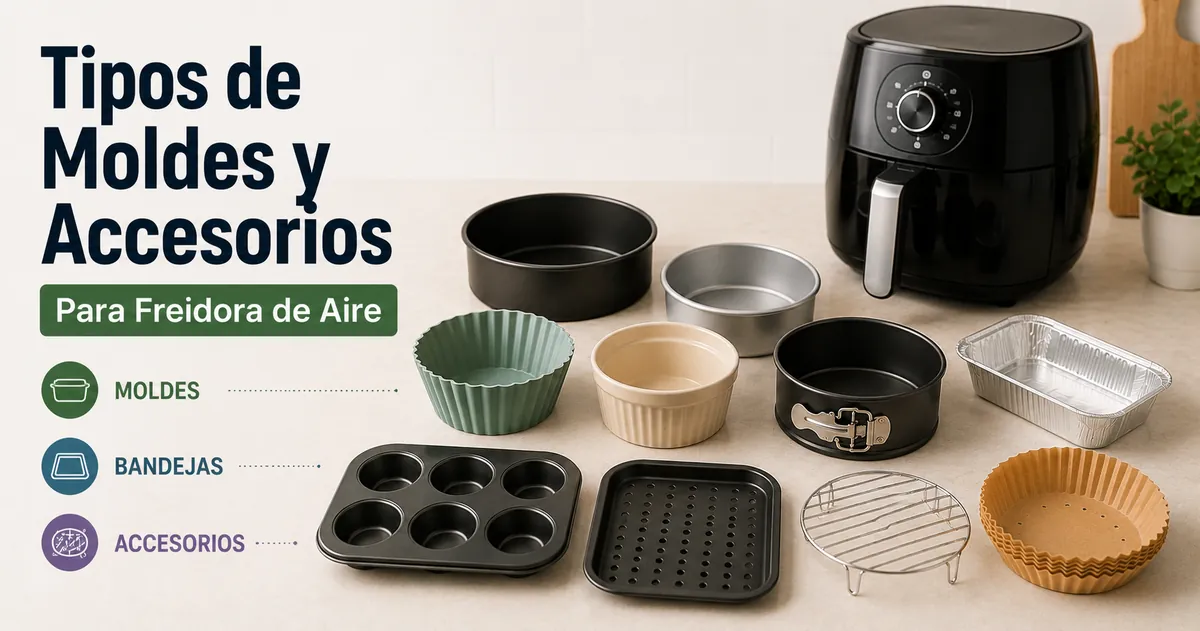 Moldes, bandejas y accesorios comunes para hornear en freidora de aire.