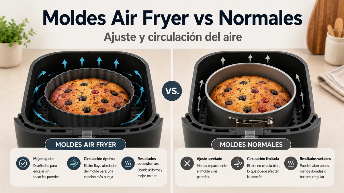 Moldes para freidora de aire comparados con moldes normales por ajuste y circulación del aire.