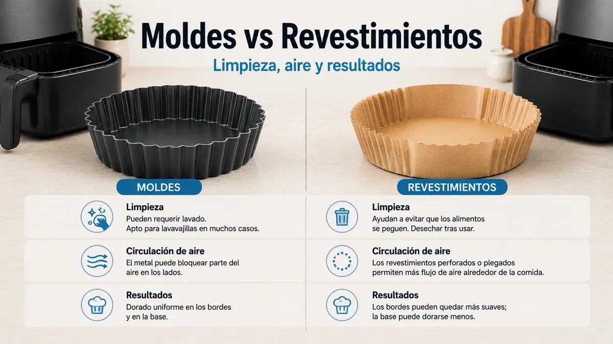Moldes y revestimientos para freidora de aire comparados por limpieza, circulación del aire y resultado de horneado.