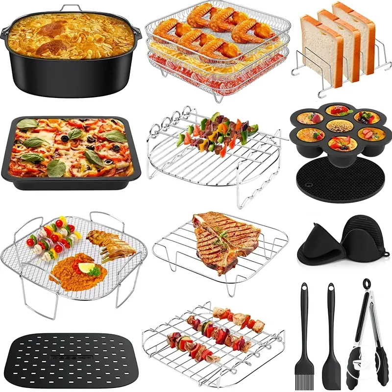 Grille grill et support à brochettes de 8 pouces pour air fryer avec forme de moule carré.