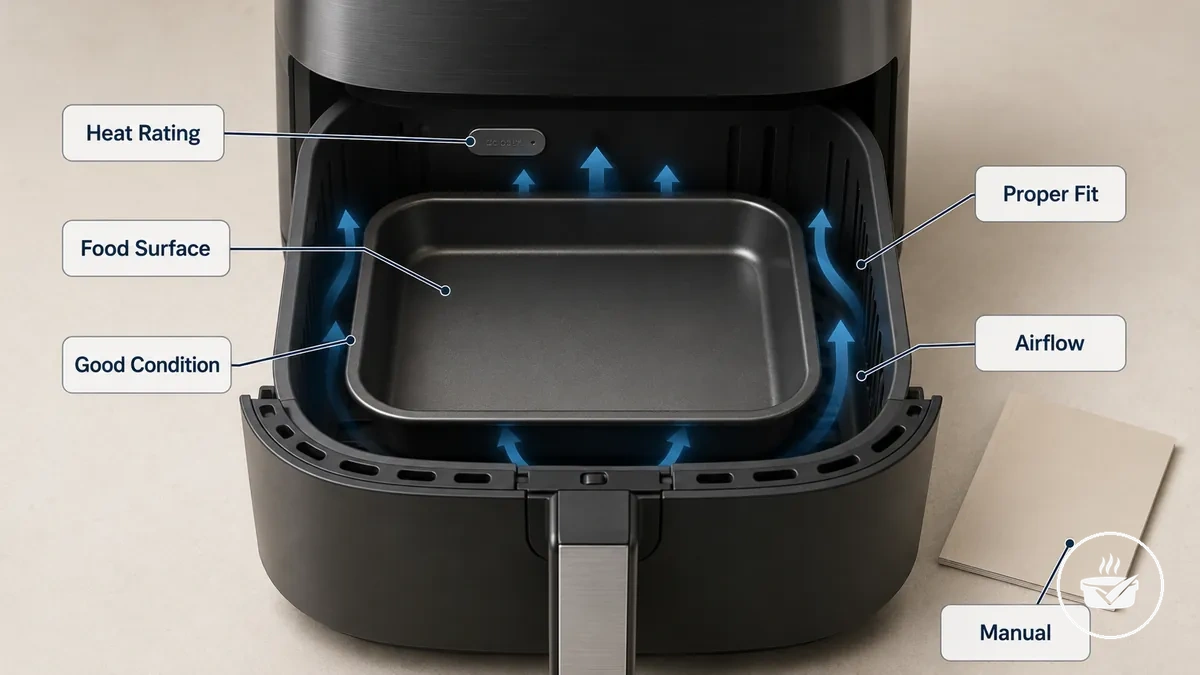 Moules pour air fryer annotés montrant les vérifications de la résistance à la chaleur, de la surface de contact alimentaire, de l état et de l ajustement