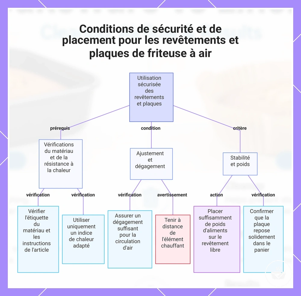 Conditions de sécurité et de placement pour les revêtements et plaques de friteuse à air