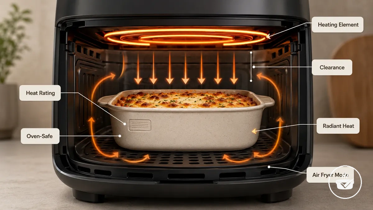 Moule pour air fryer positionné sous l élément chauffant avec des indications de dégagement et de résistance à la chaleur