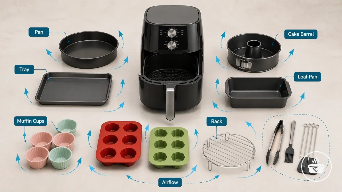 Types et accessoires courants de moules pour air fryer incluant plaques, plateaux, grilles et moules