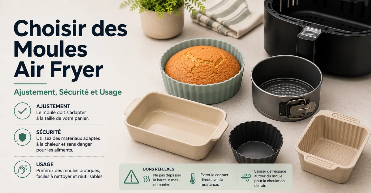 Liste de choix pour moules d’air fryer avec plats, plaques et repères de sécurité.