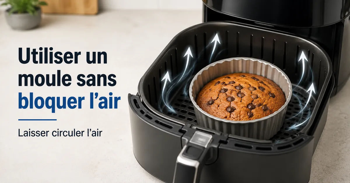 Moule placé dans le panier d’un air fryer avec un espace libre pour la circulation de l’air.