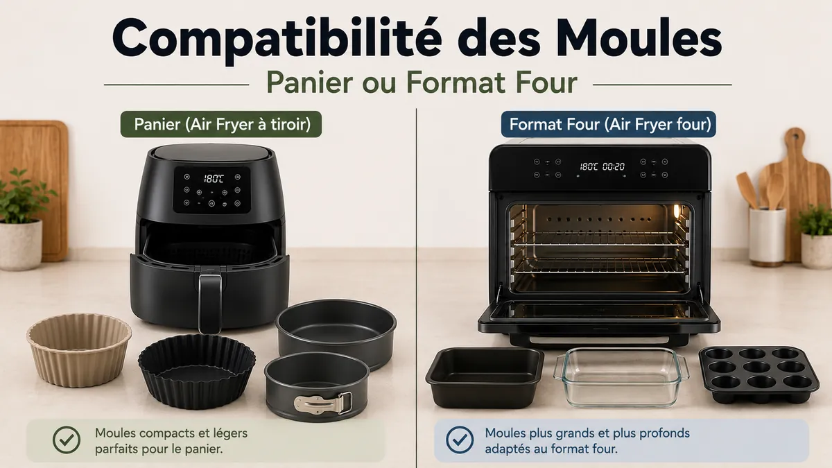 Exemples de moules adaptés aux air fryers à panier et aux modèles au format four.