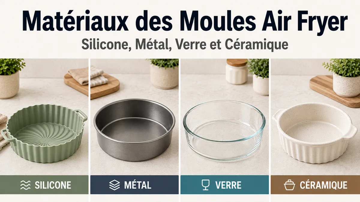 Moules pour air fryer en silicone, métal, verre et céramique présentés ensemble.
