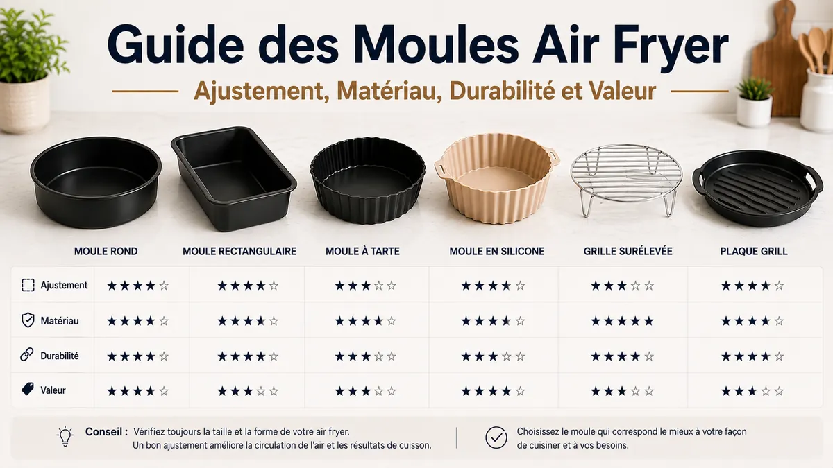 Moules pour air fryer comparés selon l’ajustement, le matériau, la durabilité et le rapport qualité-prix.