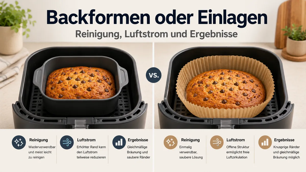 Moules et feuilles de cuisson pour air fryer comparés selon le nettoyage, le flux d’air et les résultats de cuisson.