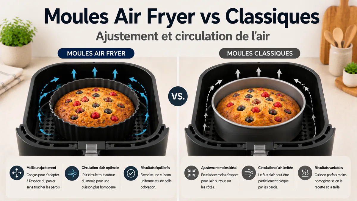 Moules pour air fryer comparés aux moules classiques selon l’ajustement et la circulation de l’air.