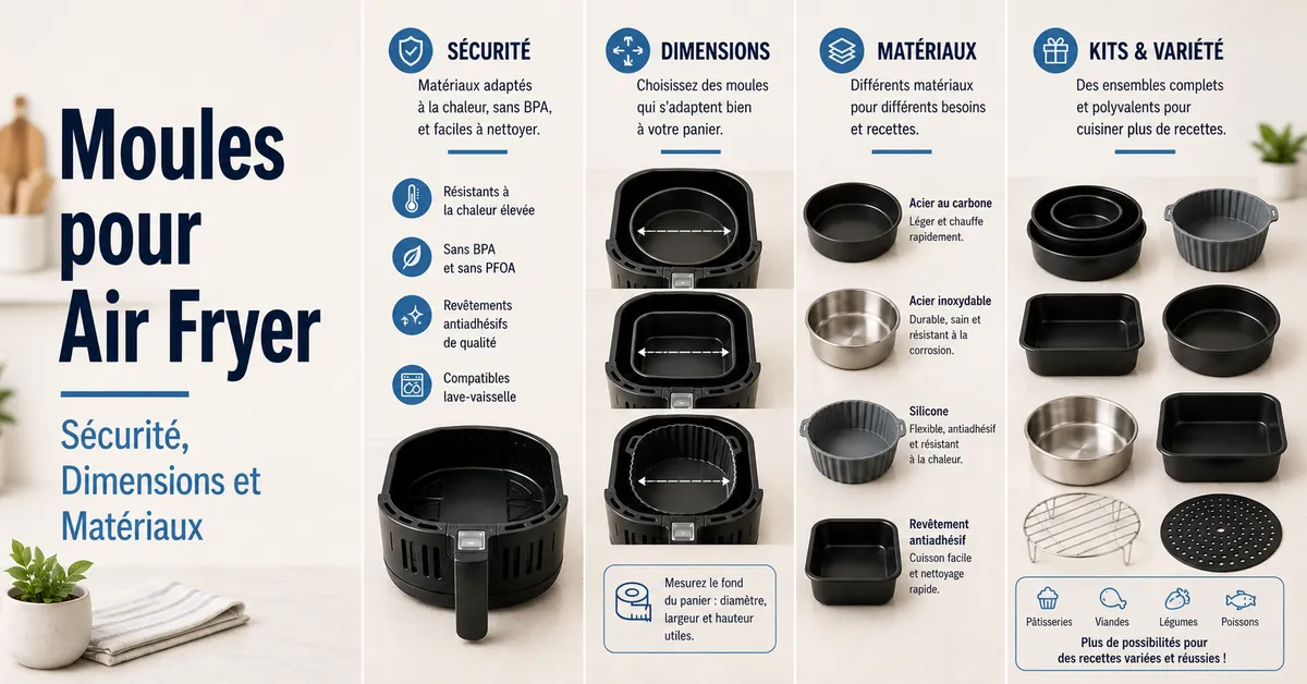 Différents moules pour air fryer avec plats, plaques et accessoires de cuisson.