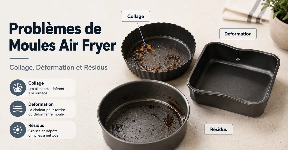 Moules pour air fryer présentant des problèmes courants comme les aliments qui collent, la déformation et les résidus.
