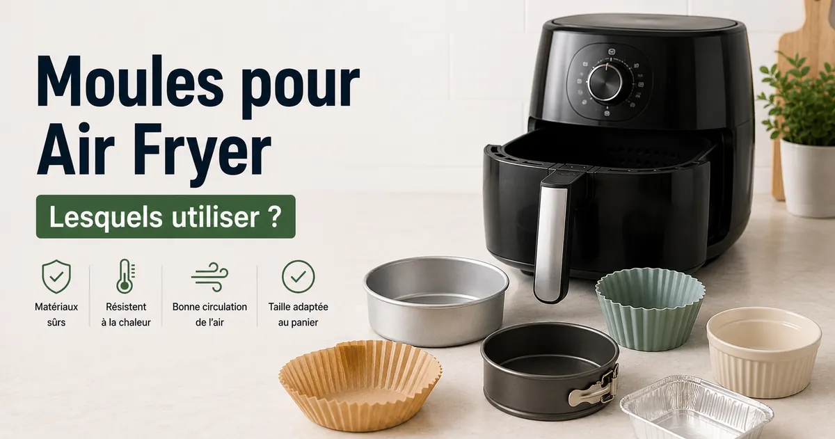 Moules compatibles avec un air fryer disposés près d’un appareil à panier.
