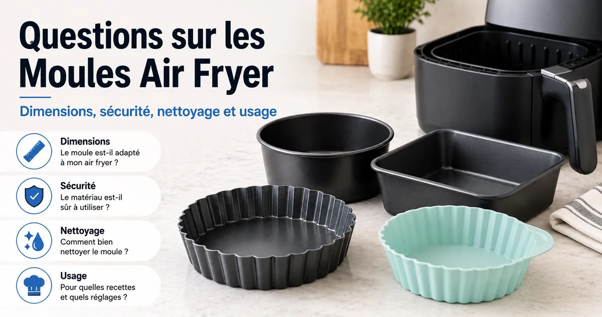 Questions sur les moules pour air fryer illustrant les dimensions, la sécurité, le nettoyage et l’usage.