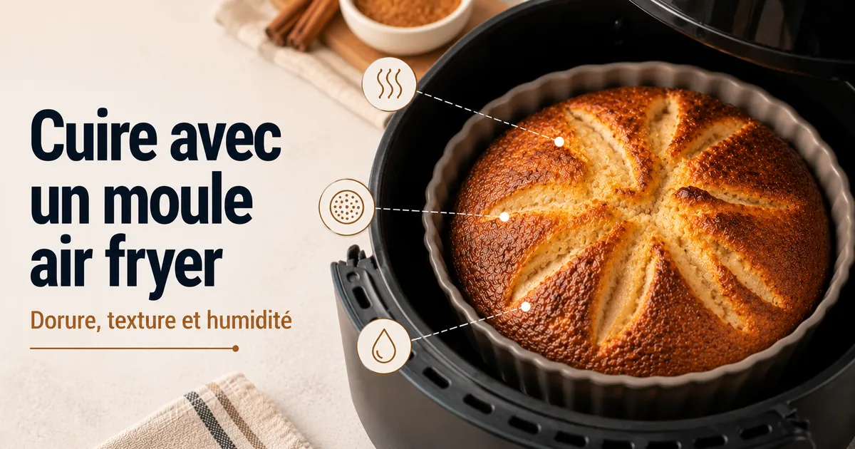 Aliment cuit dans un moule pour air fryer montrant la dorure, la texture et l’humidité.