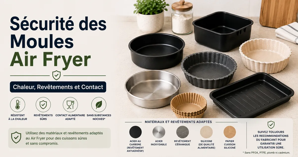 Matériaux résistants à la chaleur et moules revêtus pour air fryer sur un plan de travail.