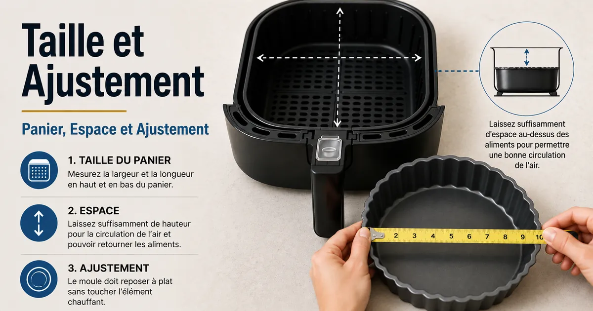 Moule pour air fryer mesuré pour vérifier la taille du panier, l’espace libre et l’ajustement.