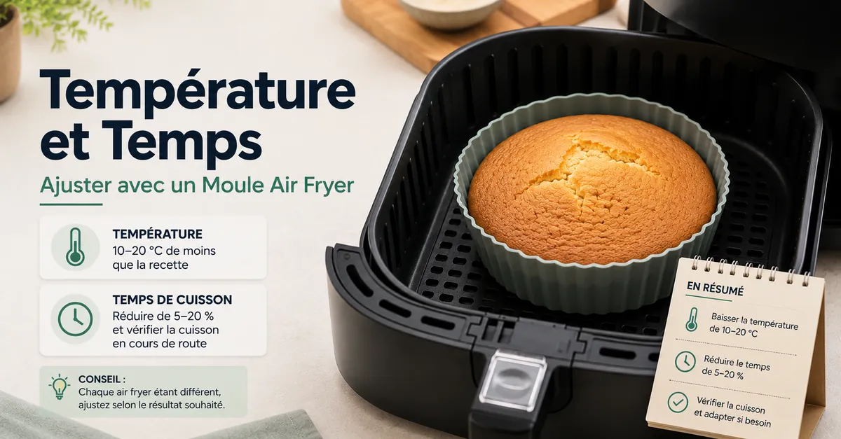 Moule pour air fryer avec des repères de température et de temps de cuisson.
