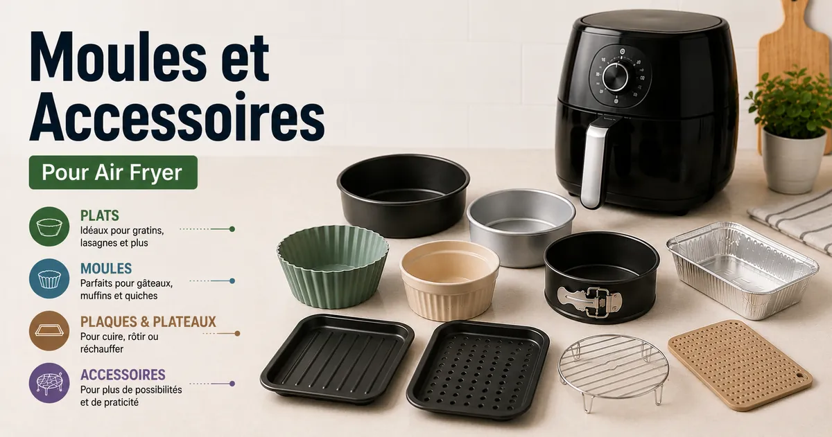 Types courants de moules pour air fryer, dont plats, moules, plaques et accessoires.