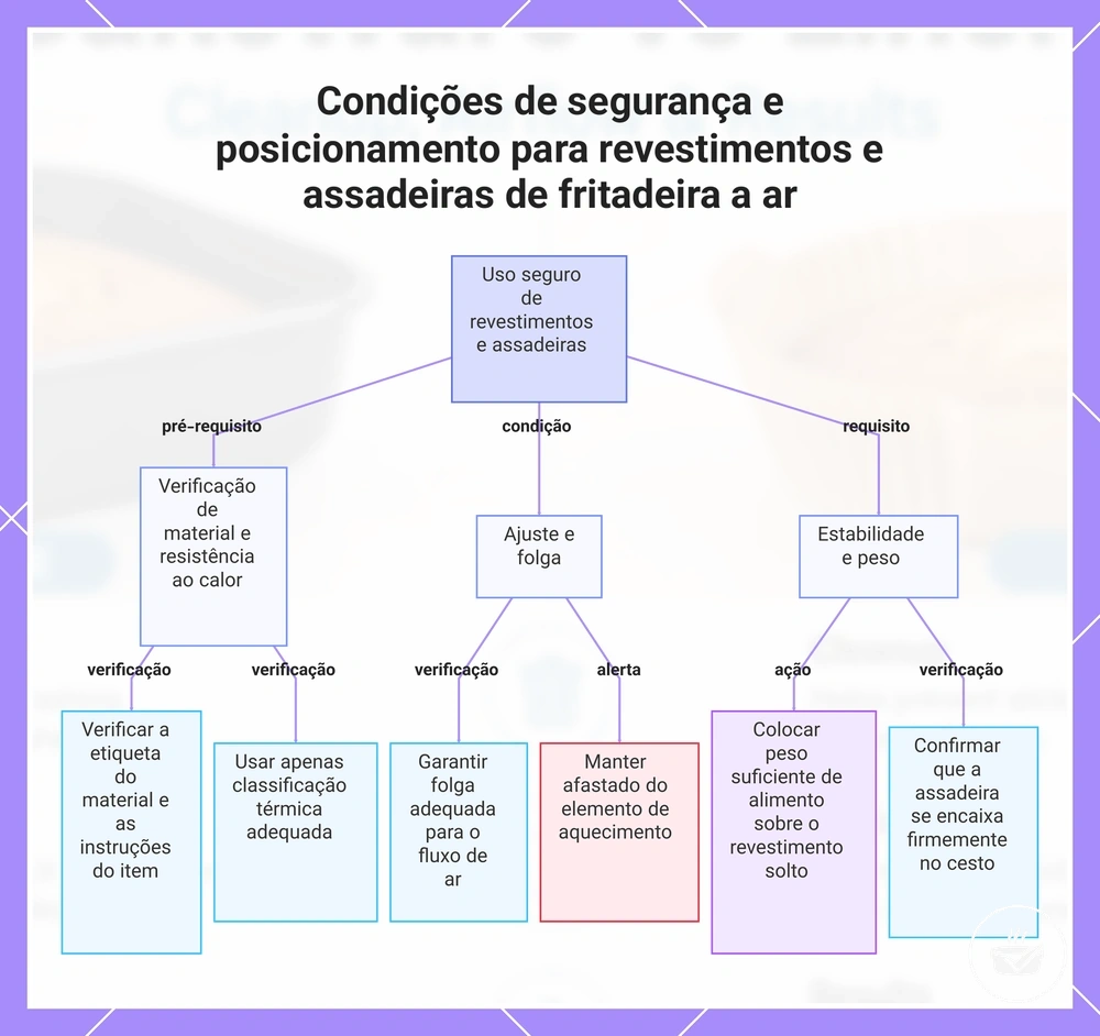 Condições de segurança e posicionamento para revestimentos e assadeiras de fritadeira a ar