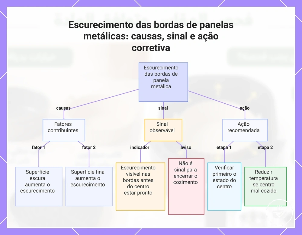 Escurecimento das bordas de panelas metálicas: causas, sinal e ação corretiva