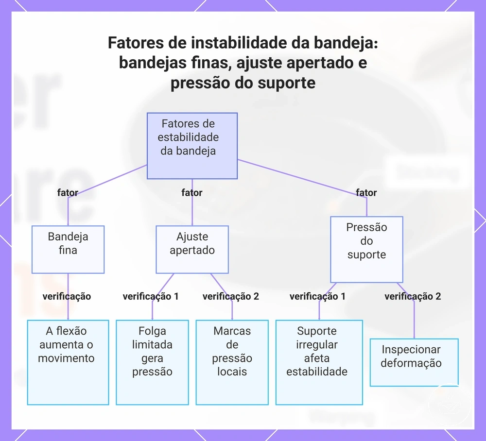 Fatores de instabilidade da bandeja: bandejas finas, ajuste apertado e pressão do suporte