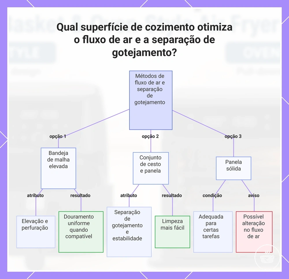 Qual superfície de cozimento otimiza o fluxo de ar e a separação de gotejamento?