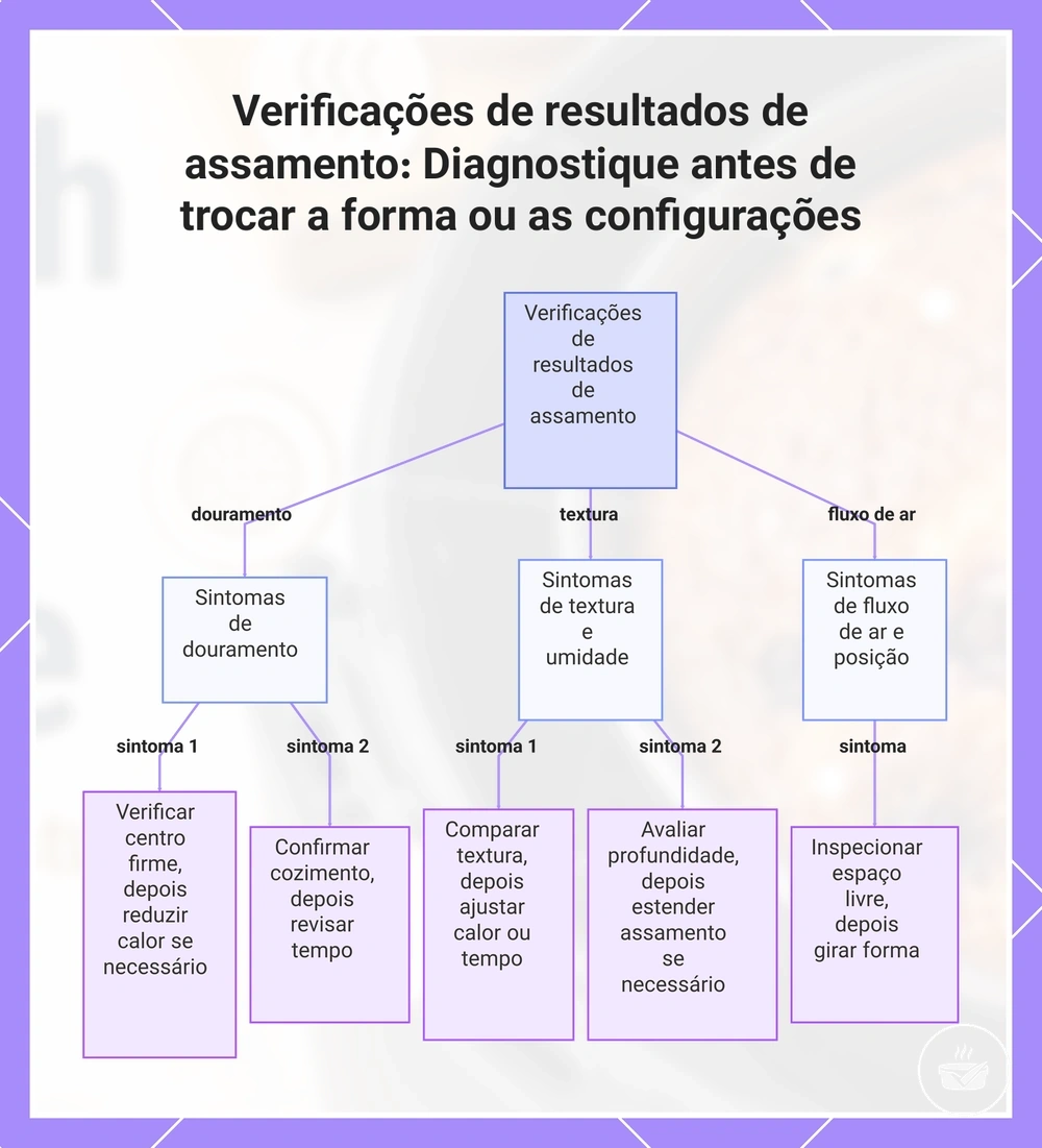 Verificações de resultados de assamento: Diagnostique antes de trocar a forma ou as configurações