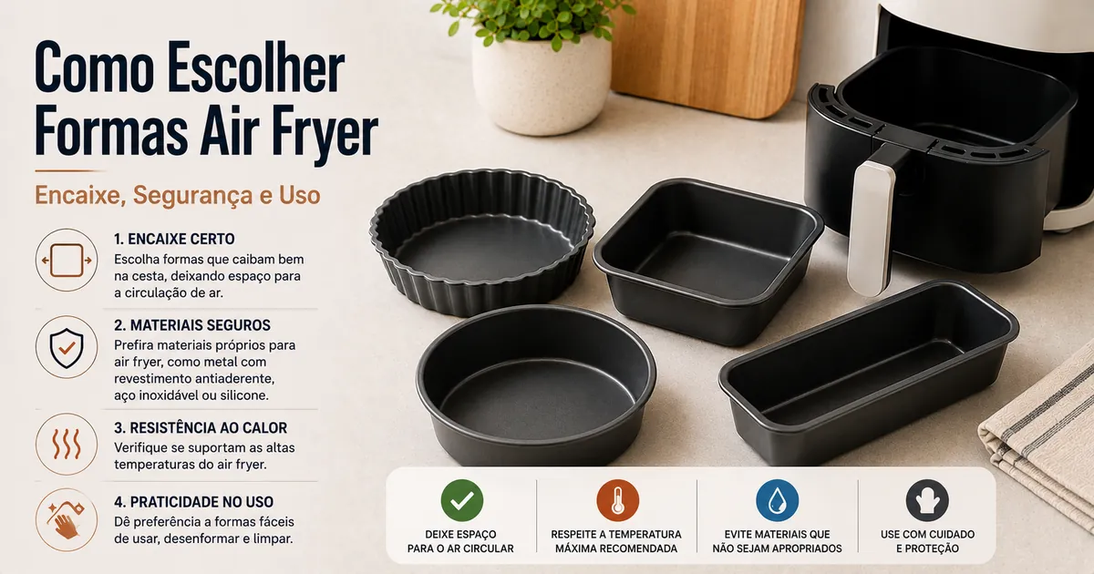 Lista de escolha de formas para air fryer com assadeiras, bandejas e sinais de segurança.