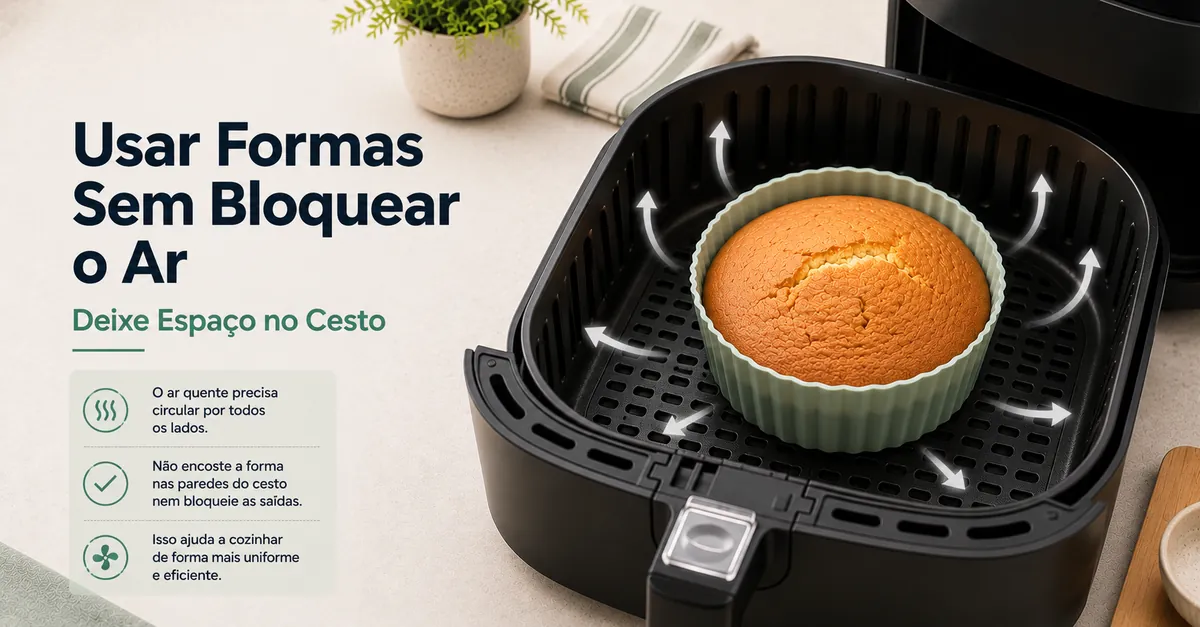 Forma para air fryer posicionada no cesto com espaço para circulação de ar.