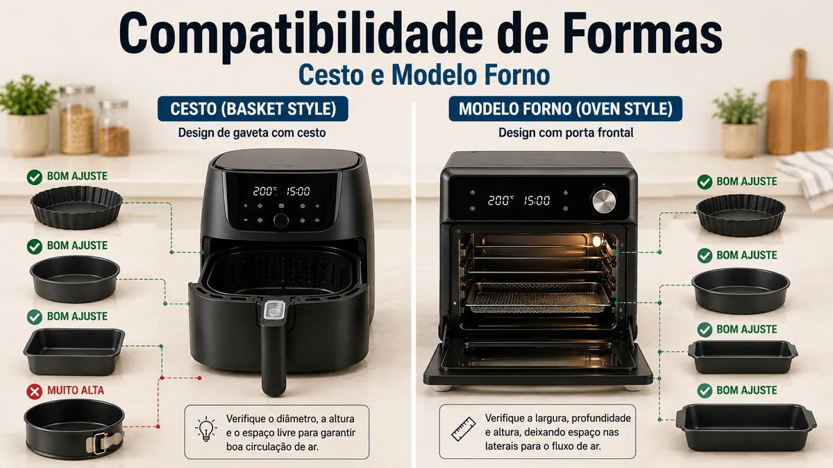 Exemplos de formas que cabem em air fryers com cesto e em modelos tipo forno.