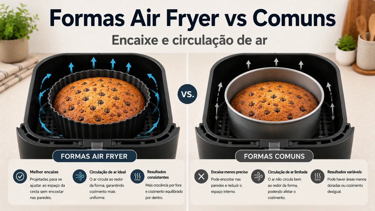 Formas para air fryer comparadas com formas comuns por encaixe e circulação de ar.