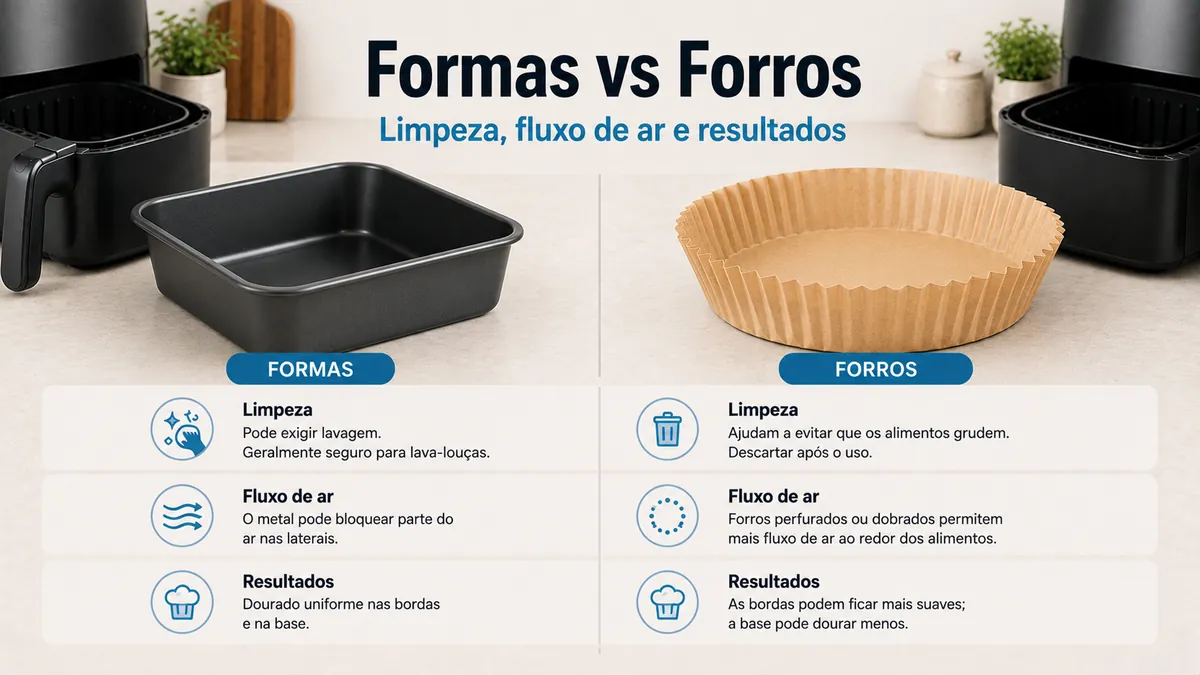 Formas e forros para air fryer comparados por limpeza, circulação de ar e resultado ao assar.