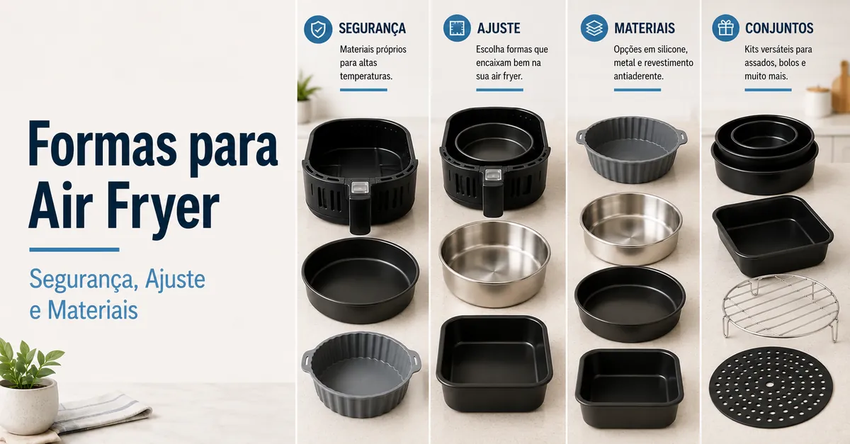Várias formas para air fryer, com assadeiras, bandejas e acessórios de preparo.