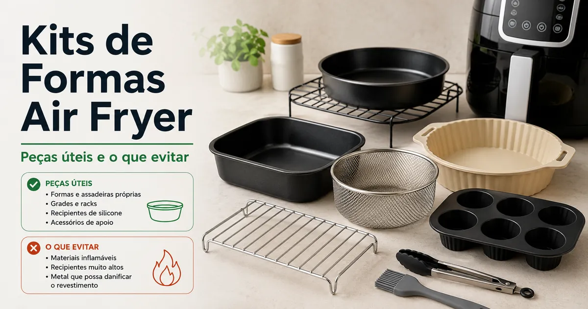 Kit de formas para air fryer com assadeiras, recipientes, grades e acessórios úteis.