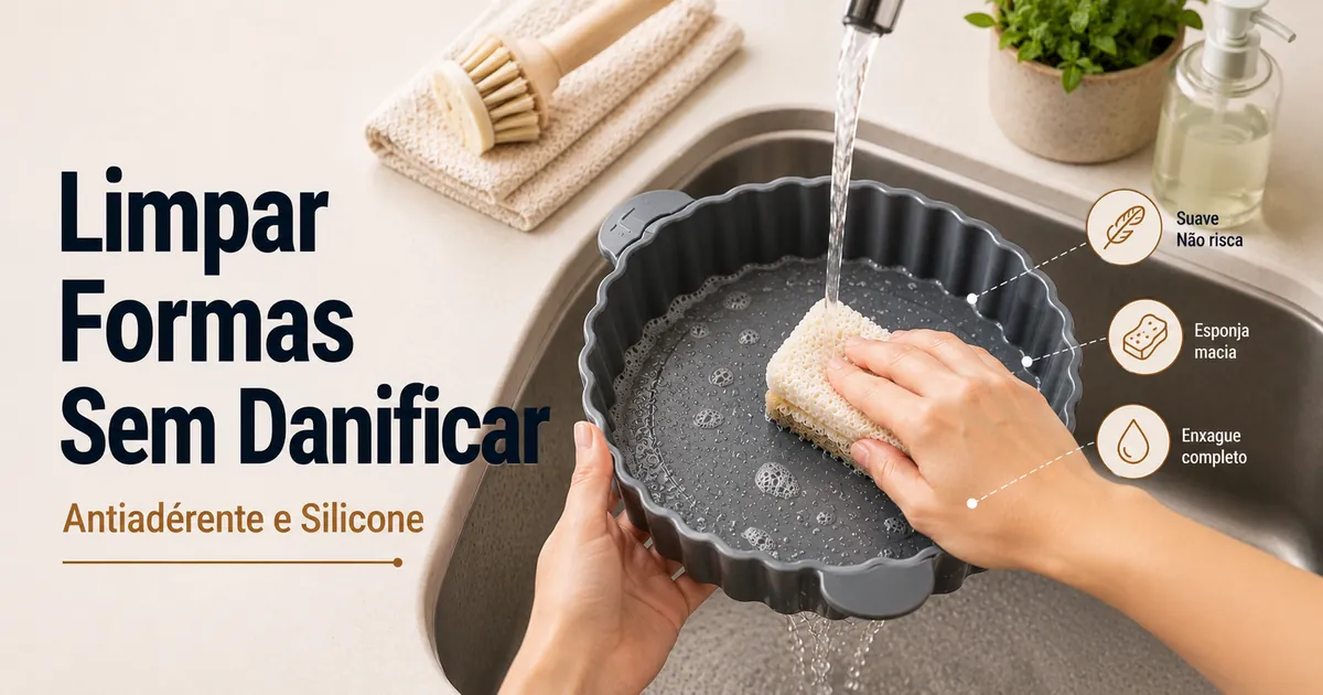 Formas para air fryer sendo limpas sem danificar superfícies antiaderentes ou de silicone.