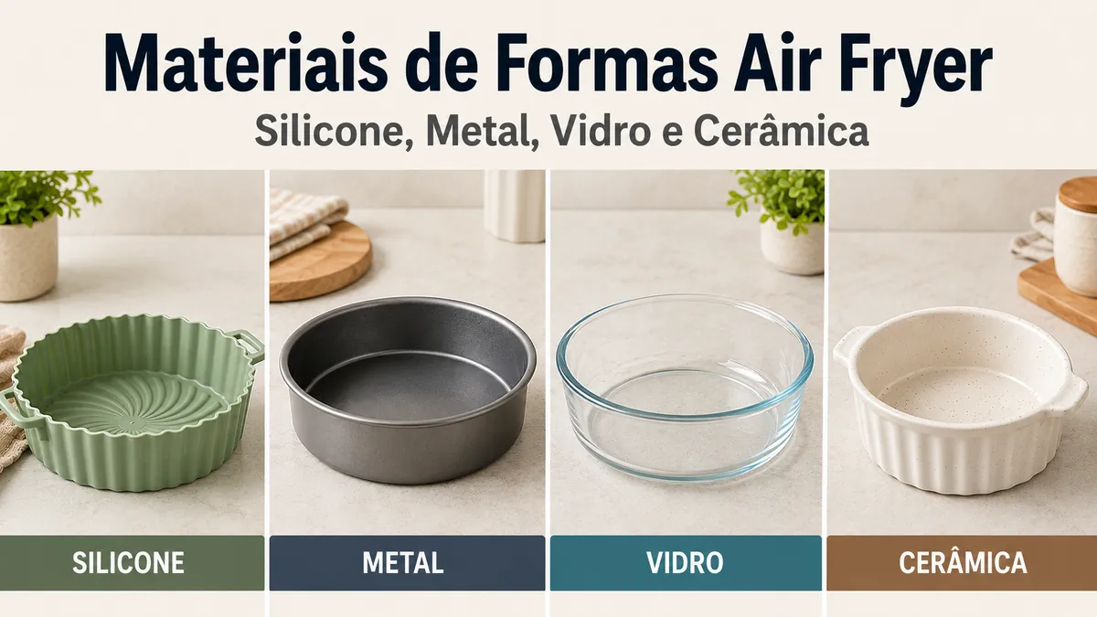 Formas de silicone, metal, vidro e cerâmica para air fryer exibidas juntas.