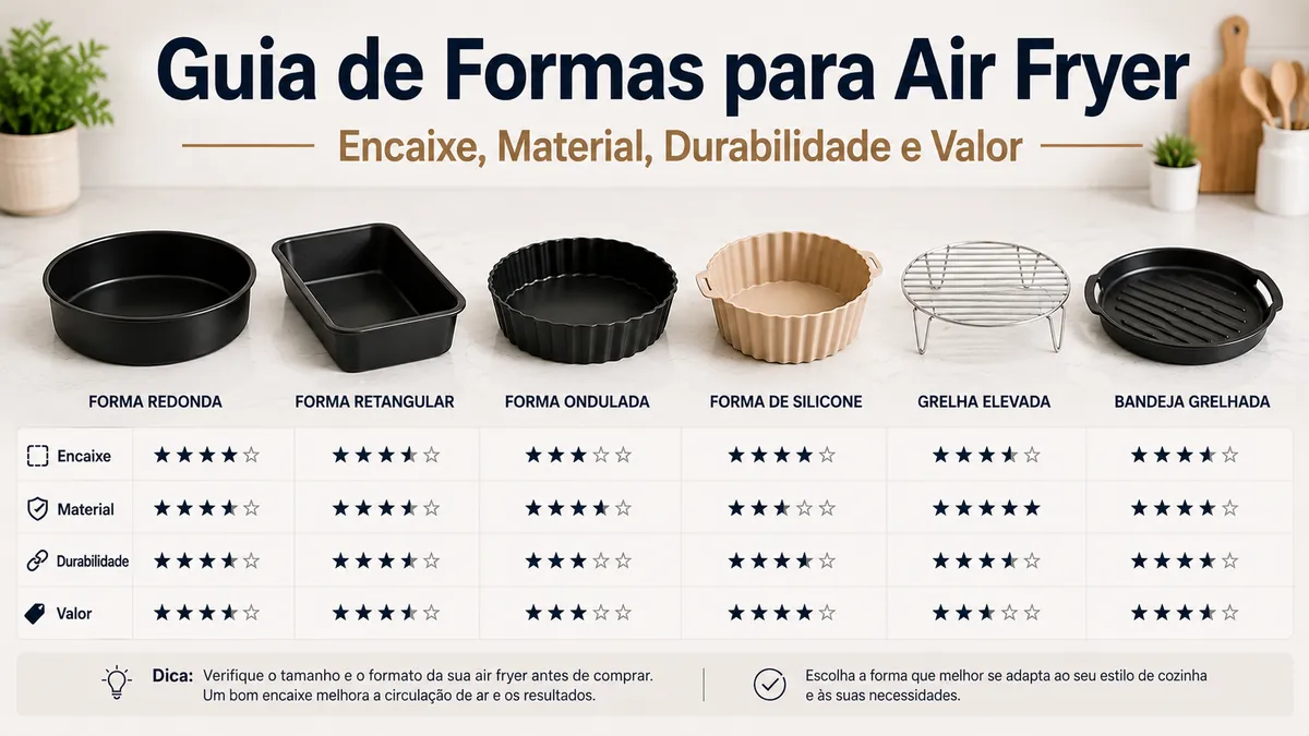 Opções de formas para air fryer comparadas por encaixe, material, durabilidade e valor.