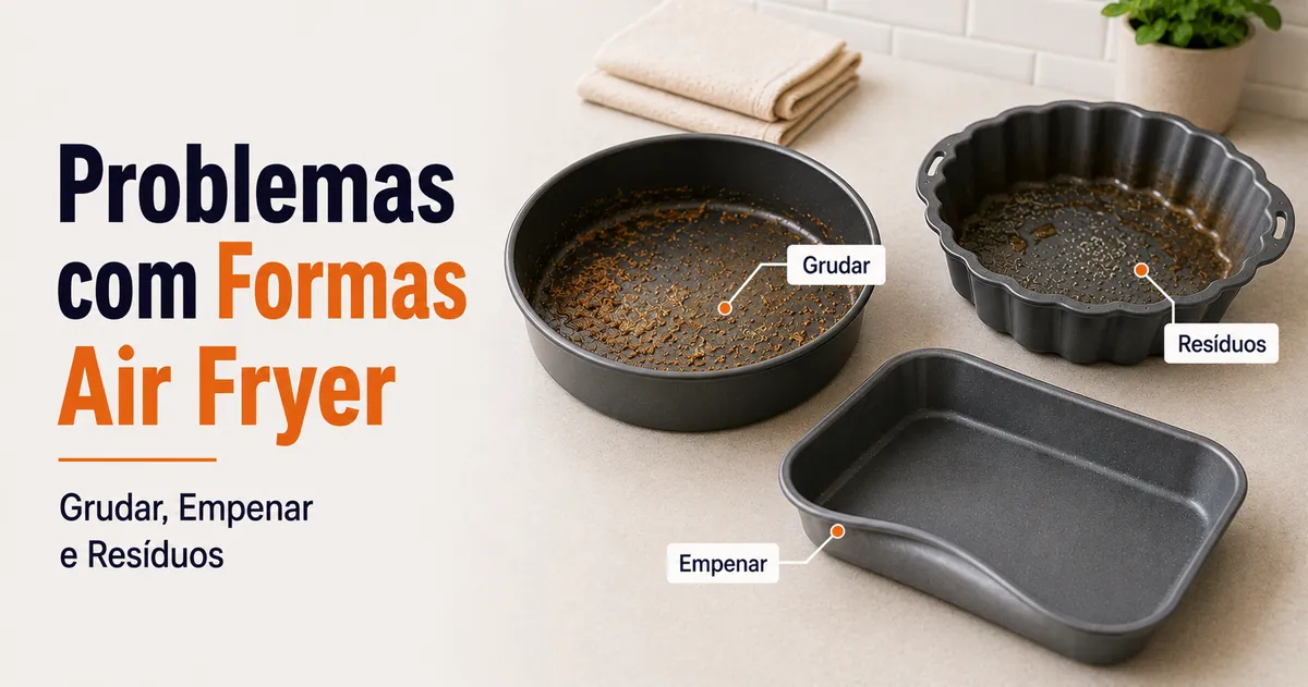 Formas para air fryer com problemas comuns como alimento grudado, empenamento e resíduos.