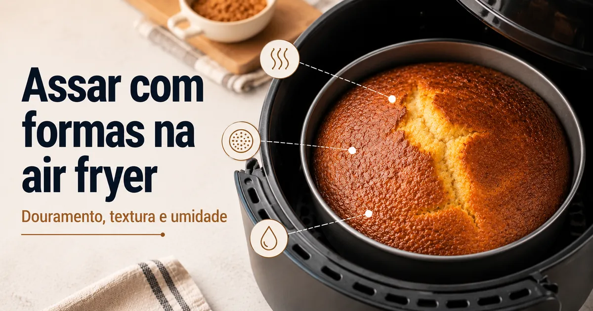 Alimento assado em forma para air fryer com douramento, textura e umidade visíveis.