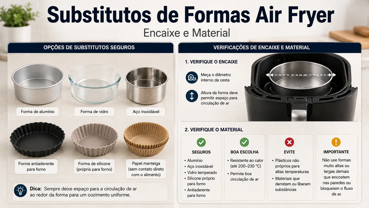 Substitutos seguros de formas para air fryer avaliados por tamanho e compatibilidade de material.